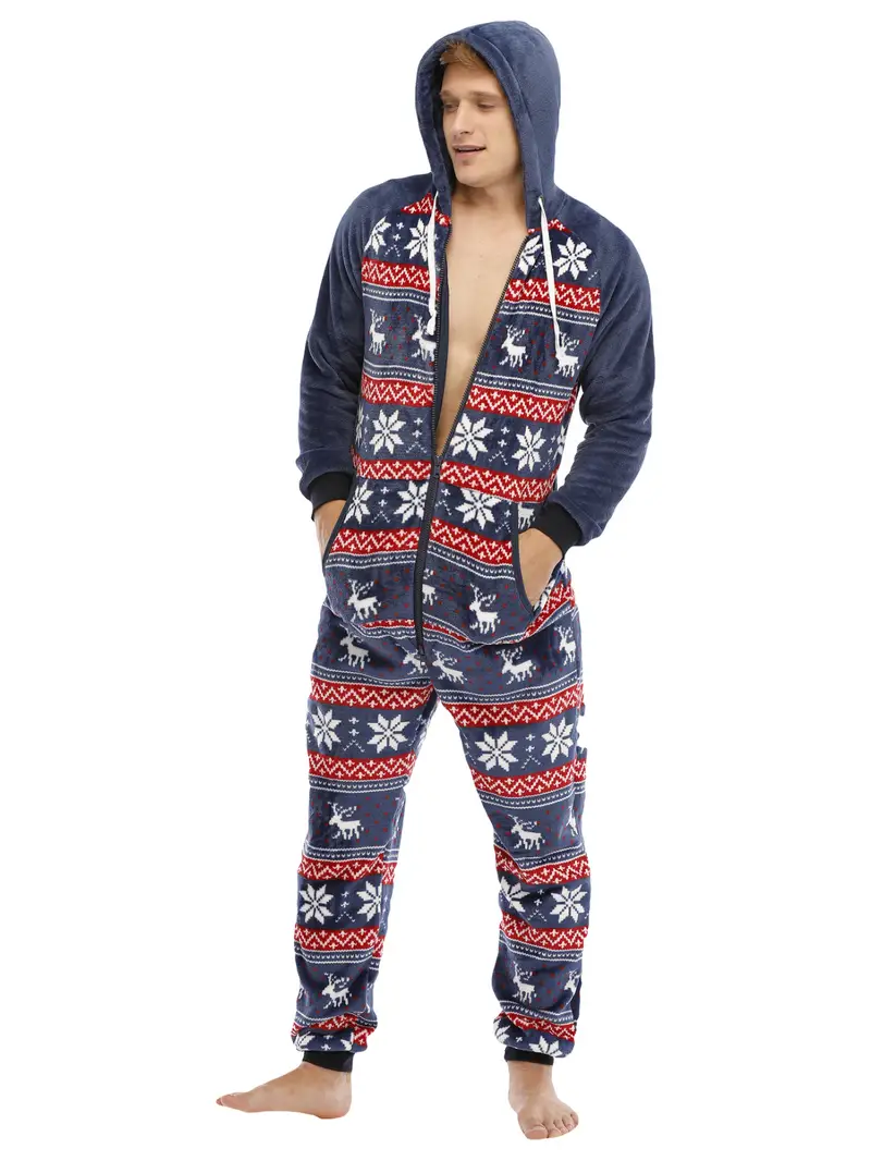 Men's Snowflake Print Zipper Front Hooded Romper Pajamas - Temu